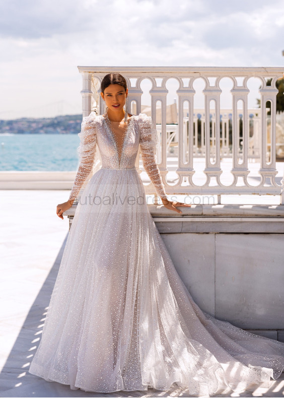 Long Sleeves Beaded Ivory Tulle Dreamy Wedding Dress